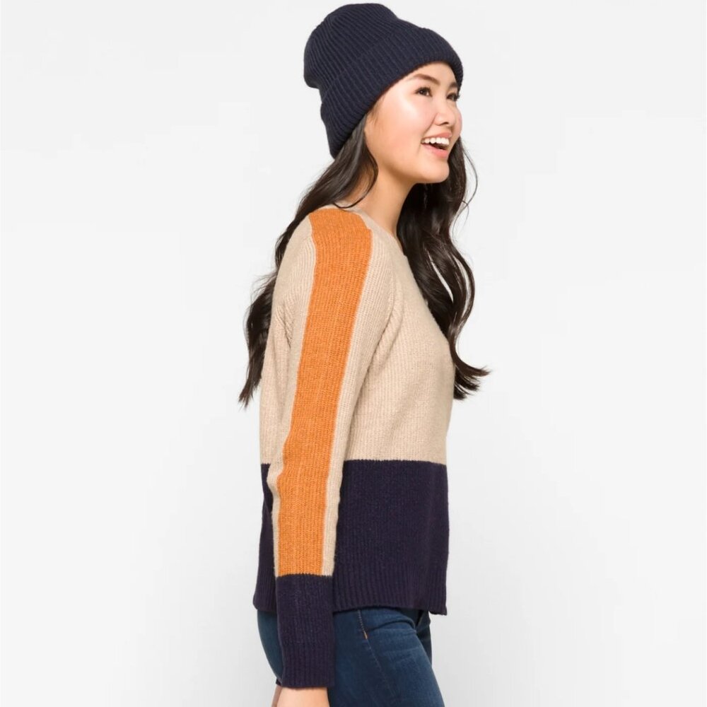 Pinque Zora Ribbed Long Sleeve Pullover Beige Navy and Yellow Colorblocks Medium